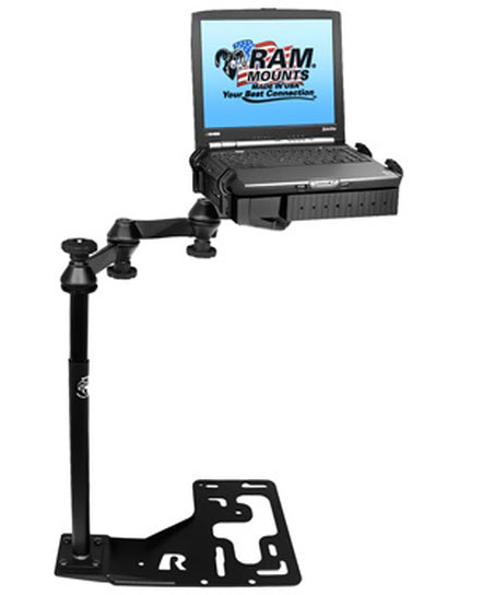 Promotional image of a RAM laptop mount for vehicles