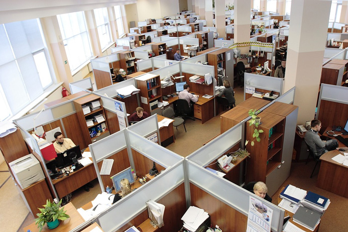 Employees at work in a large bay of upscale cubicles with wood features.